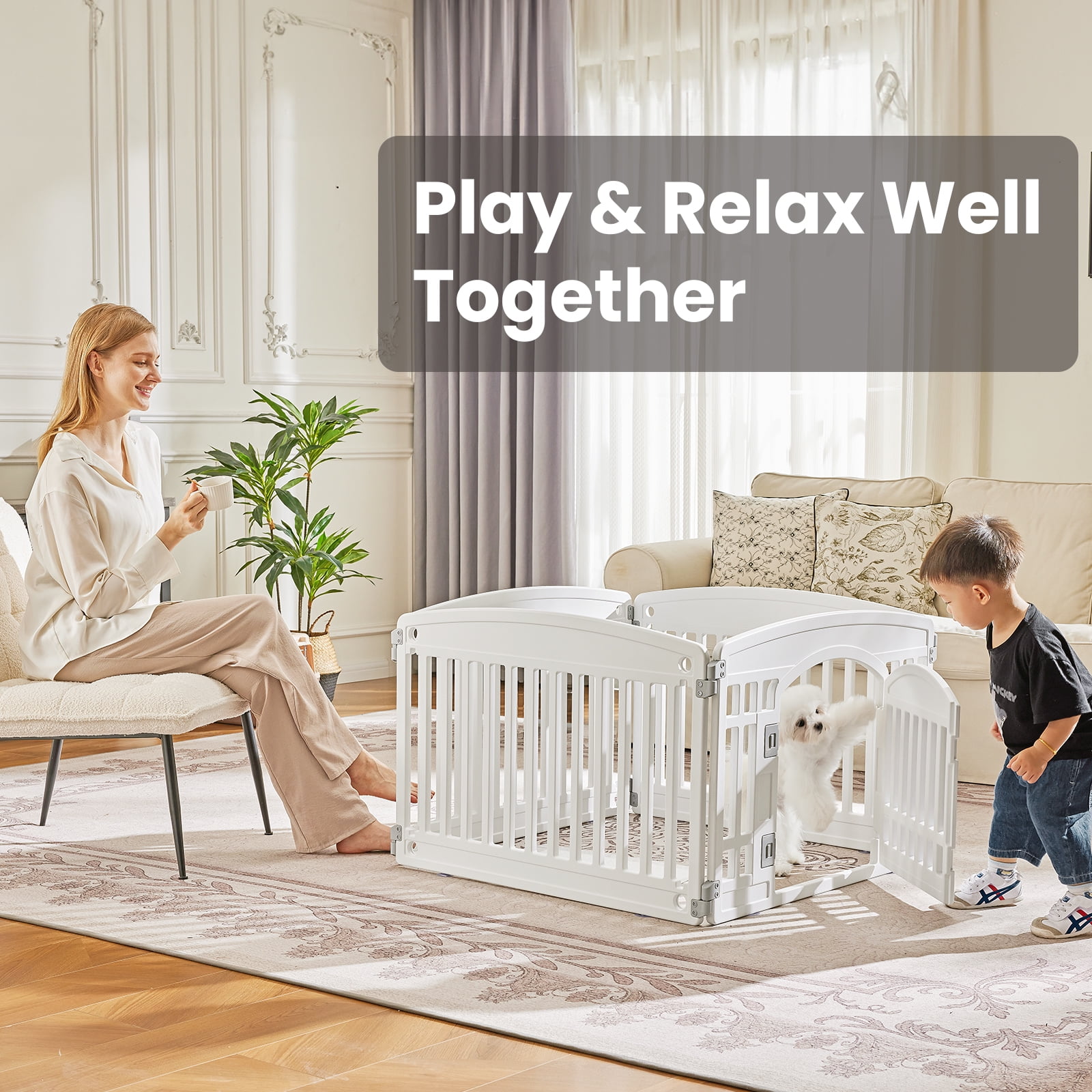 EverPick Dog Playpen Safe & 4-Panel Secure Indoor/Outdoor Pet Fence | Folding & Portable | Ideal for Small to Medium Dogs | Easy to Clean （White）