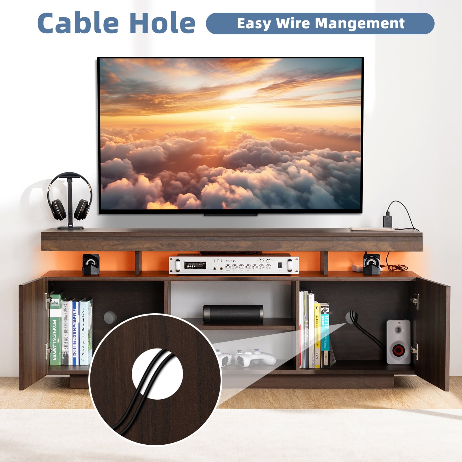 TV Stand with LED Lights for TVs up to 55 Inch TV Console Storage Cabinet Entertainment Center