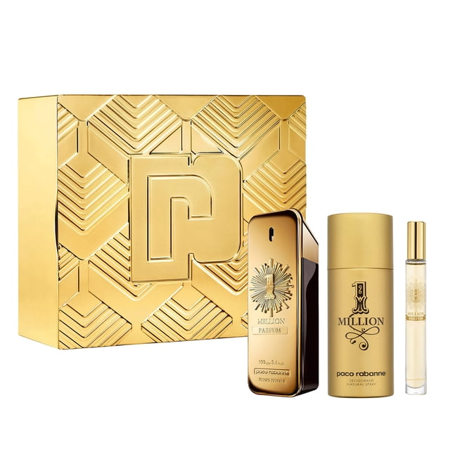 one million parfum paco rabanne 3pz hombre estuche transparente con botella dorada rectangular 100 ml, desodorante en aerosol dorado y vial de viaje transparente colocados en fila sobre fondo blanco.