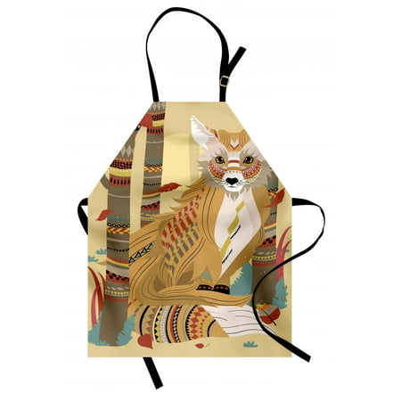 Fox Apron Animal Theme a Fluffy Wild Fox in the Forest and Tree Trunks Design Pattern Print, Unisex Kitchen Bib Apron with Adjustable Neck for Cooking Baking Gardening, Pale Coffee, by