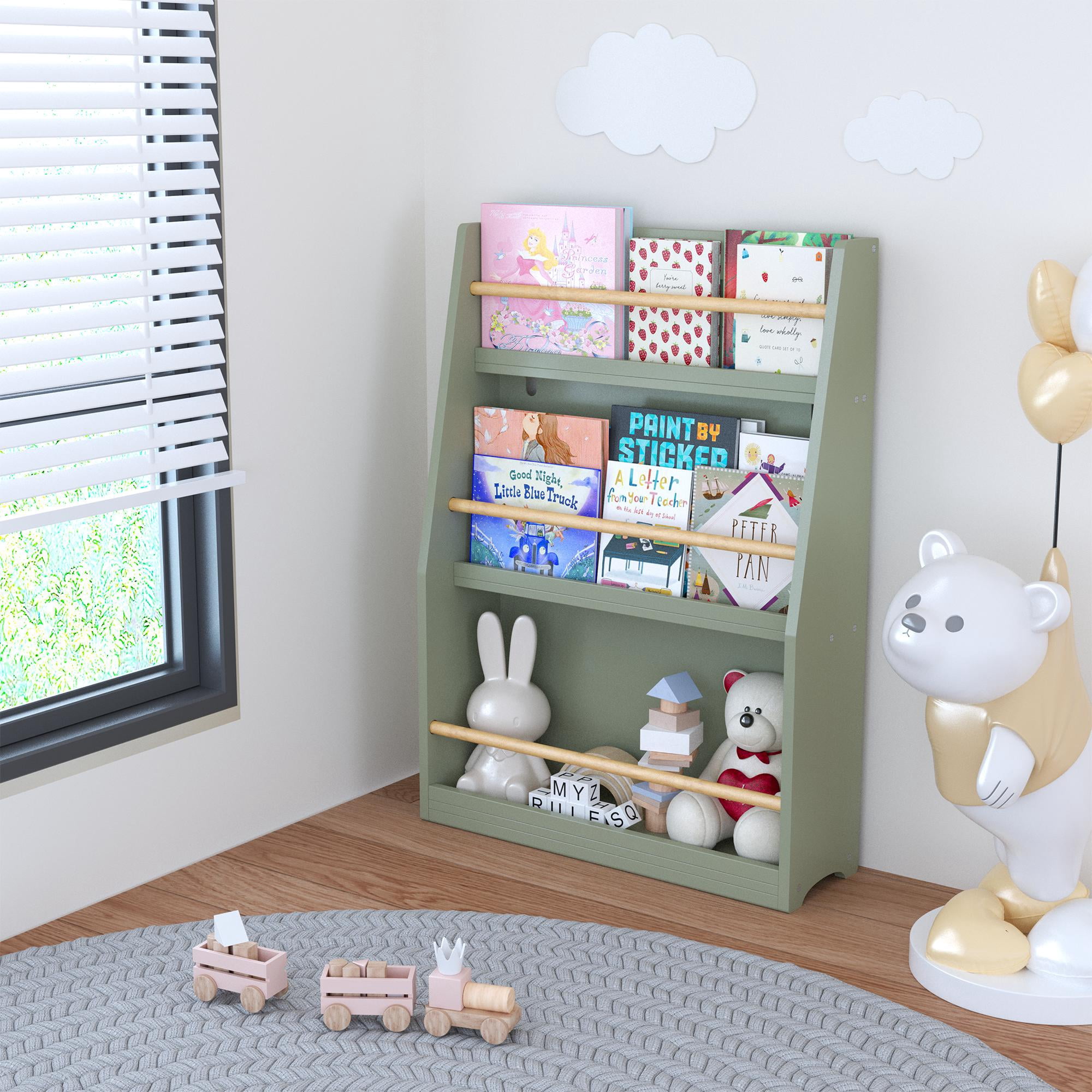 Yoneston Kids 3-Tier Bookcase with Wood Rails, Children's Standing Display Bookshelf for Playroom, Bedroom, Nursery, Sage Green