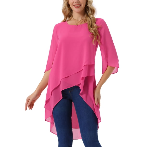 INSPIRAR CHIC Blusa de Chifón Asimétrica de Cuello Redondo con Mangas de Volante 3/4 en Rosa Fucsia XL