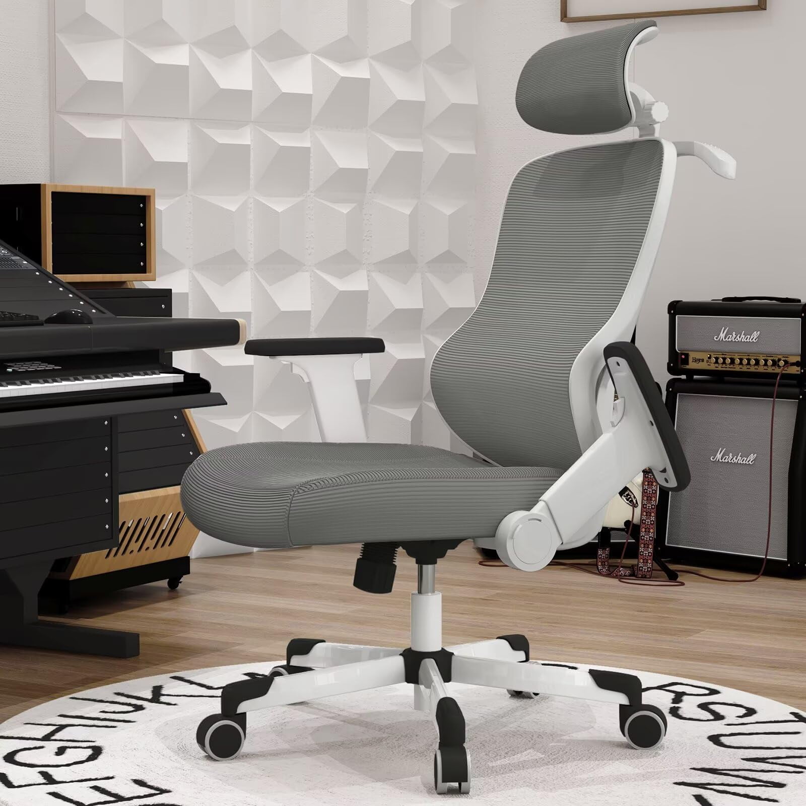 Ergonomic Office Chair Reclining Gaming Chair Adjustable Lumbar Support 4D Armrest 6D Headrest Breathable Mesh Swivel Computer Chairs Home Studio Chairs Desk Chair Coat Hanger Tilt Lock(Pro, Grey)