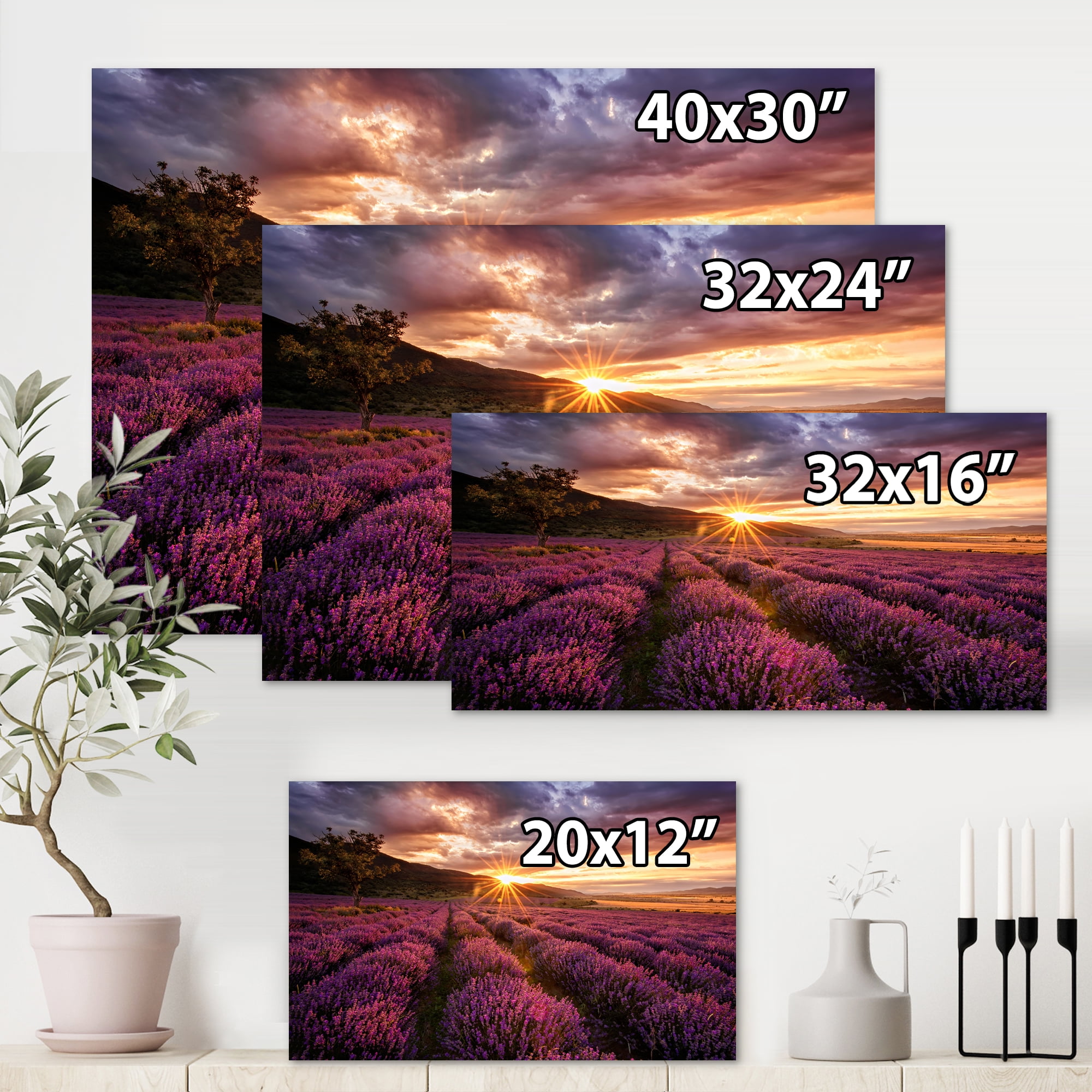Designart ' Dramatic Clouds and Sunrise Over Lavender Field IV ' Farmhouse Canvas Wall Art Print