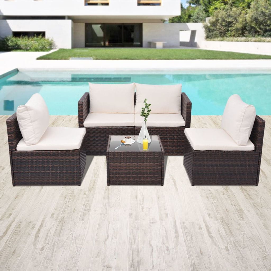 Kepooman 5 Pcs Outdoor Patio Rattan Lounge Sofa Set with Cushions & Pillows, Brown Kepooman 5 Pcs Outdoor Patio Rattan Lounge Sofa Set with Cushions & Pillows, Brown