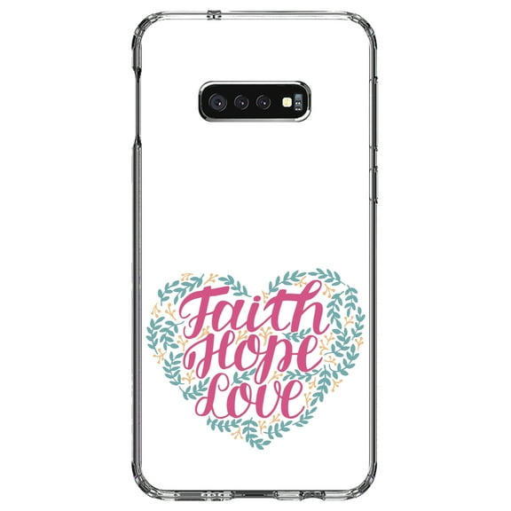 DistinctInk Clear Shockproof Hybrid Case for Samsung Galaxy S10e (5.8" Screen) - TPU Bumper, Acrylic Back, Tempered Glass Screen Protector - Faith / Hope / Love - Floral