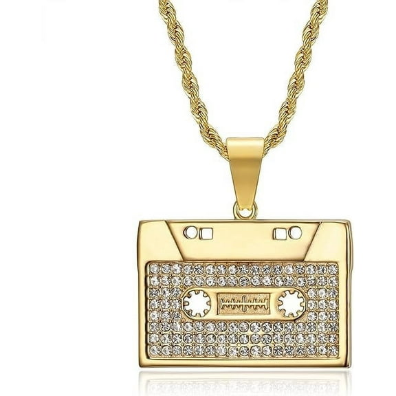 NEGS 18K Gold Plated Vintage Tape Pendant 24'' Chain Hip Hop Music Cassette Stainless Steel Rock Necklace for Men