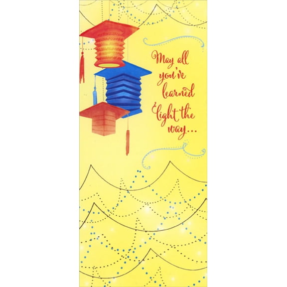 Designer Greetings Orange, Blue and Red Paper Lanterns on Yellow Money Holder / Gift Card Holder Graduation Congratulations Card