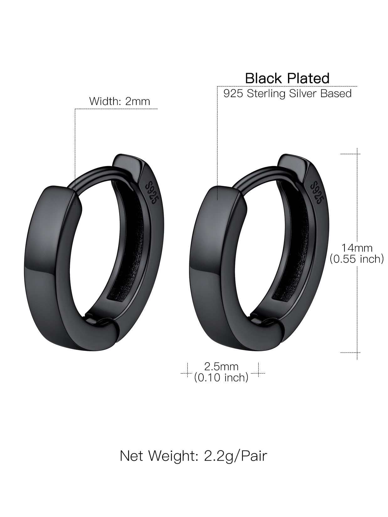 Suplight 925 Sterling Silver Huggie Earrings for Women Plain Hoop Earrings, Gold/Rose Gold/Black Plated