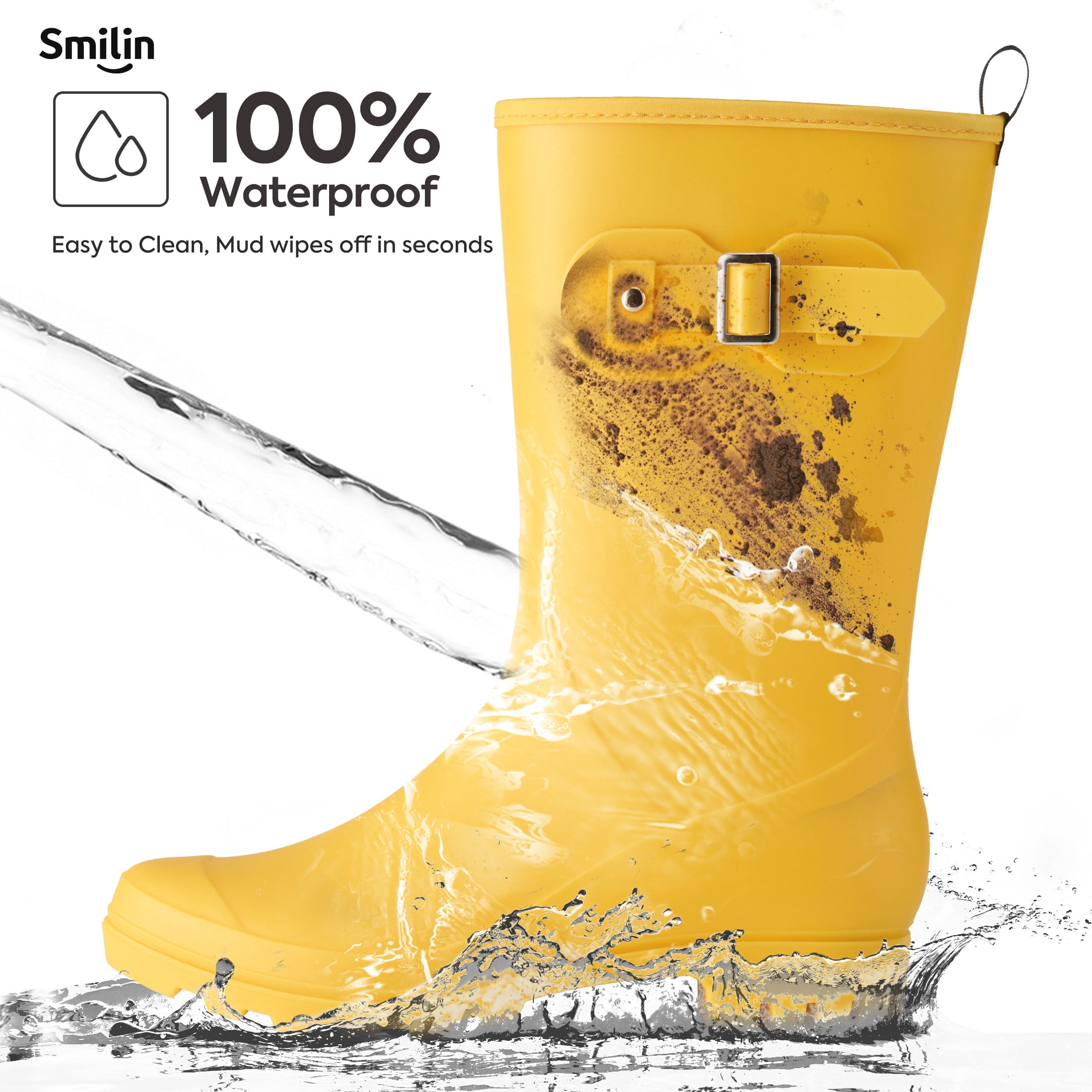 SMILIN Wellington Wide Calf Rubber Rain Boots for Women Yellow Size 6