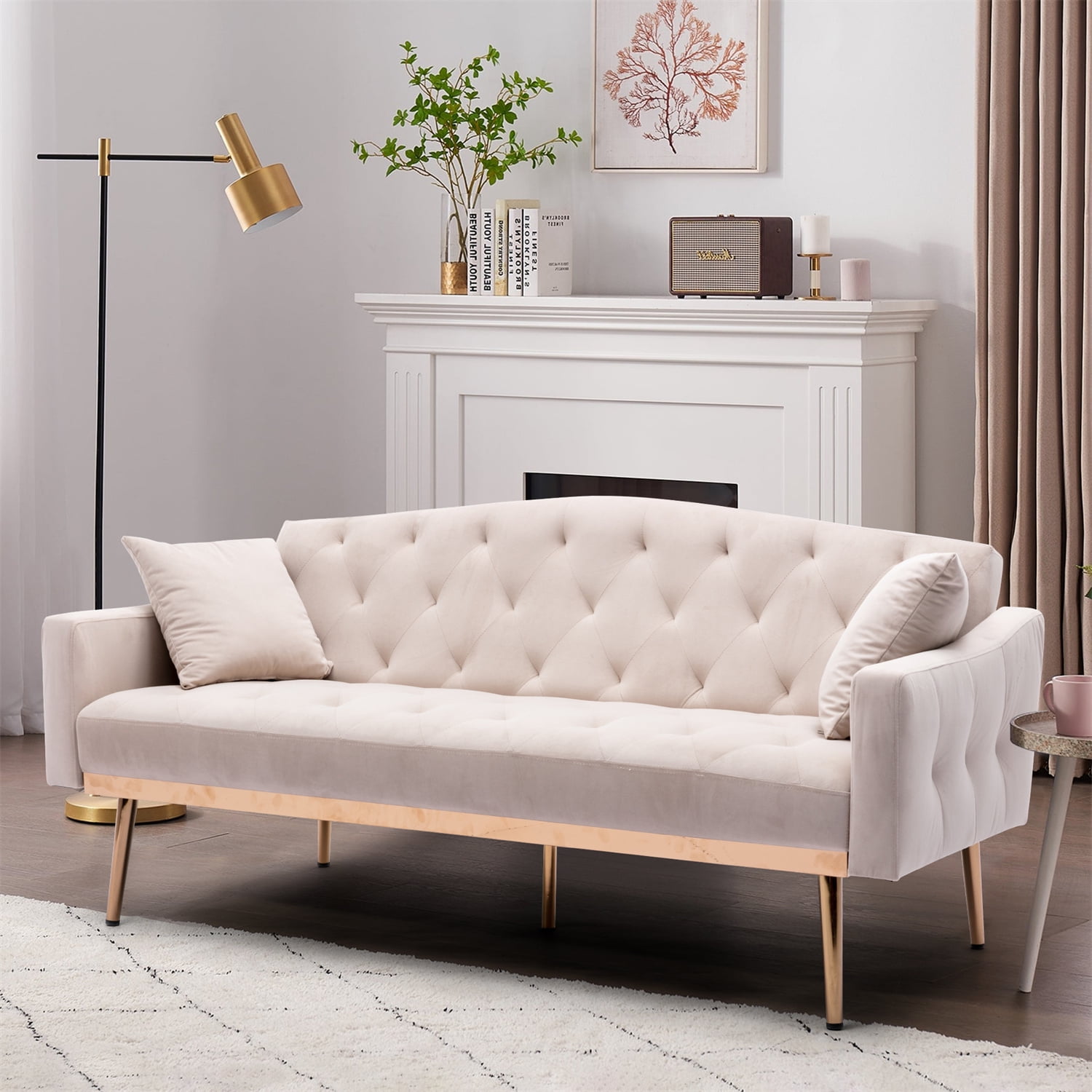 Convertible Velvet Loveseat Sofa Bed with 2 Pillows, Tufted Upholstered Sofa Sleeper Couch with