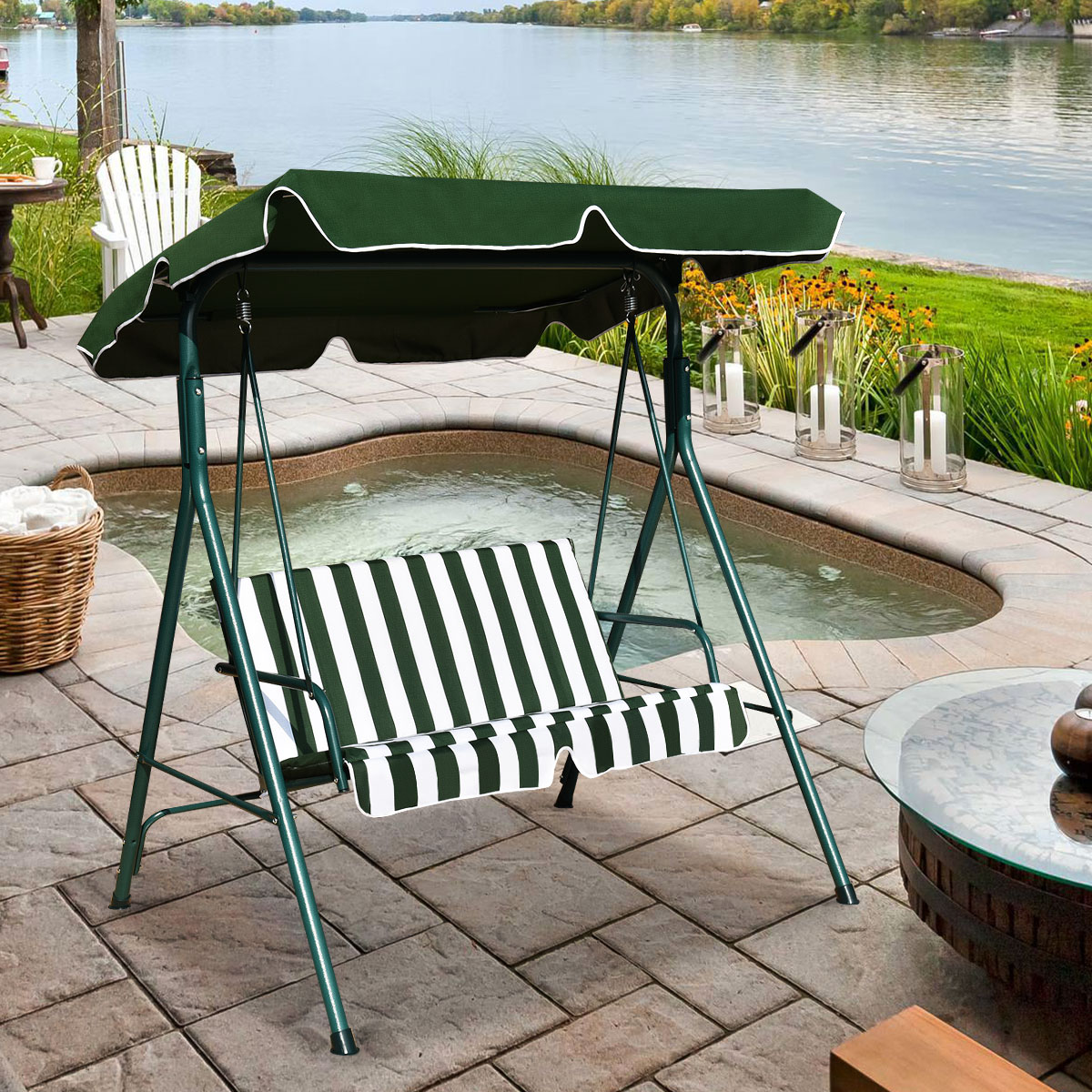 Costway Loveseat Patio Canopy Swing Glider Hammock Cushioned Steel Frame Outdoor Green - image 3 of 7