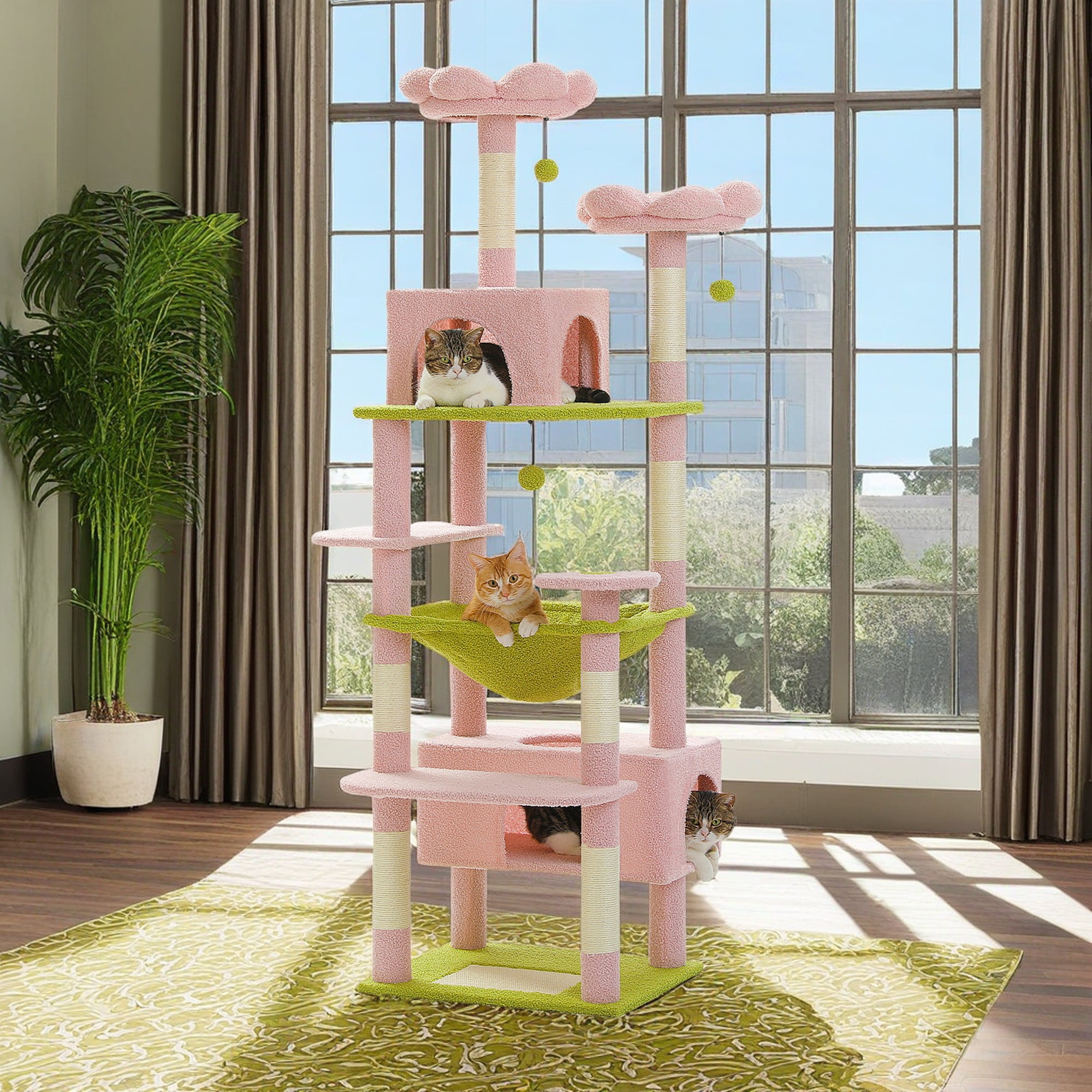 resenkos 72" Cat Tree Tower for Large Cats, Indoor Cat Condo with Sisal-Covered Scratching Posts and Pads, 2 Padded Perch, Pink