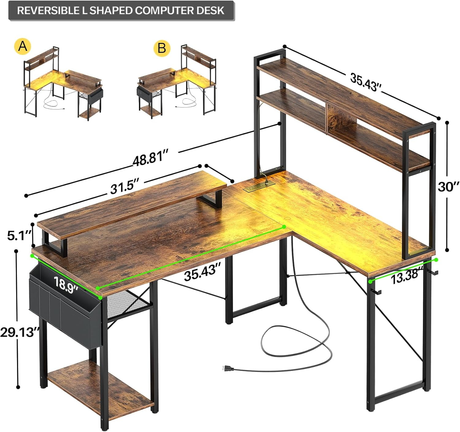 Homieasy L Shaped Computer Desk with Hutch, Reversible Gaming Desk with Monitor Stand & Storage Shelf, Corner Desks Home Office Desk with Power Outlets & LED Lights, Rustic Brown