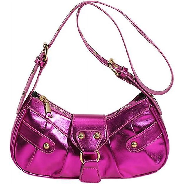 Bolso de hombro para mujer, estilo punk, con remaches, de piel sintética, con forma de media luna, estilo Y2k, para debajo del brazo, para motocicleta, color rosa y rojo