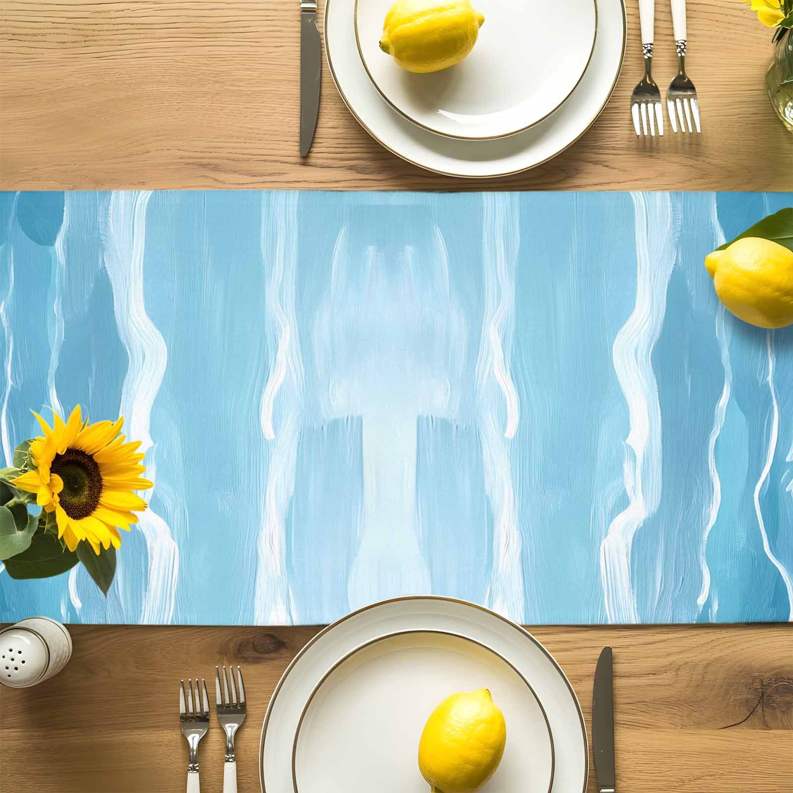 Summer Navy Blue Water Ripple Table Runner 90 Inches Long, Watercolor Gradient Ombre Table Runners Tabletop Scarf Kitchen Dining Tables Decoration for Home Party Indoor Outdoor