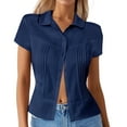 thumbnail image 2 of Womens Summer Tops Pure Color Casual Collar Button Up Short Sleeve Shirts for Women Navy M, 2 of 5