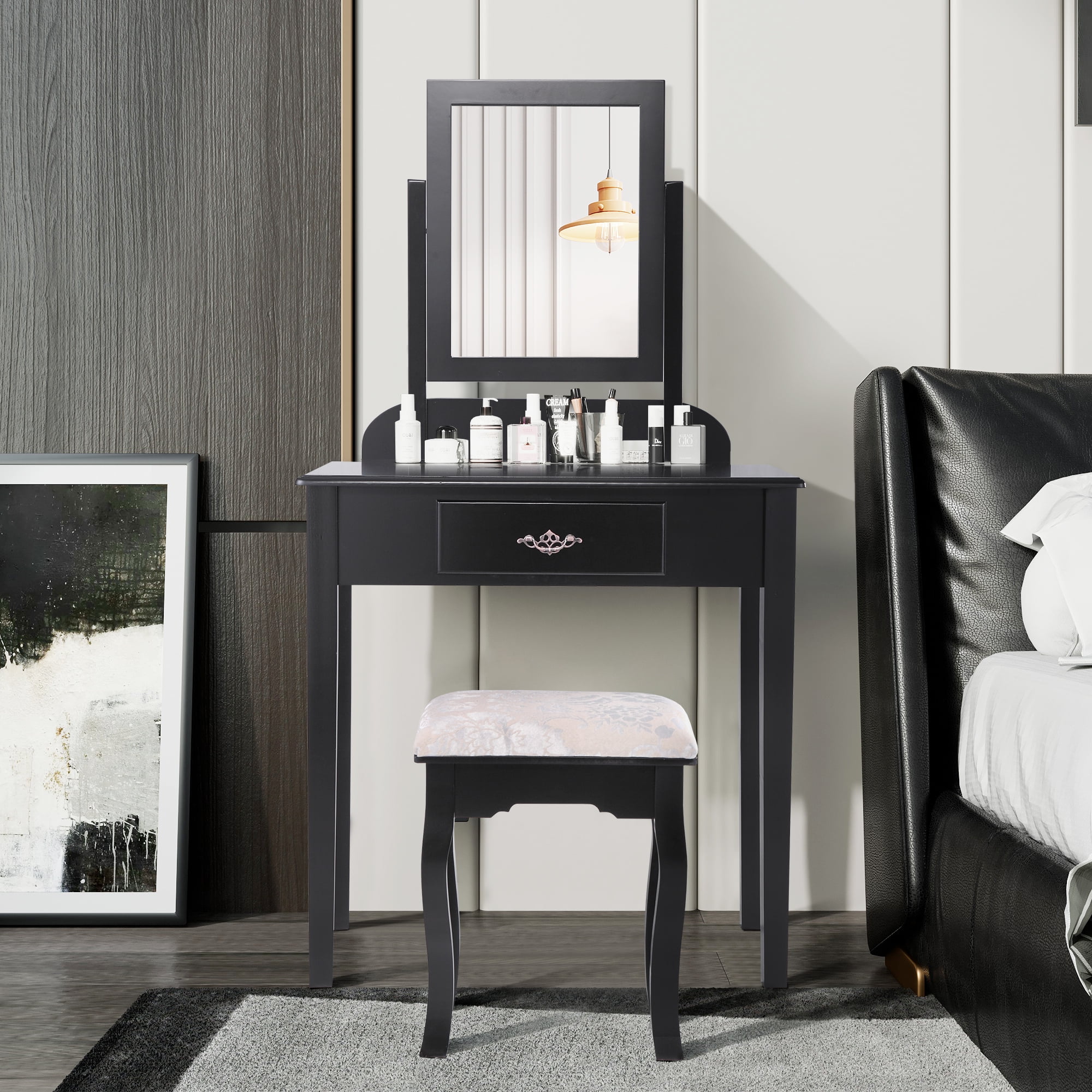 Jaxpety Vanity Table Set, Makeup Dressing Table with 360 Rotate