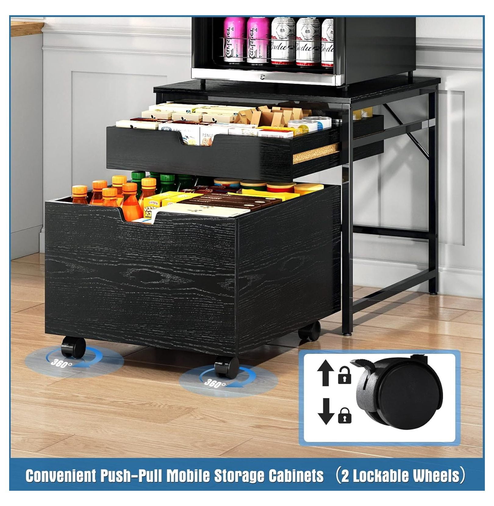 Mini Fridge Stand with Storage Drawer, 21.5" L x 21.5" W Refrigerator Stand with Lockable Wheel, Beverage Compact Refrigerator Stand Storage Cabinet,300 lb Load Capacity, Fridge Table