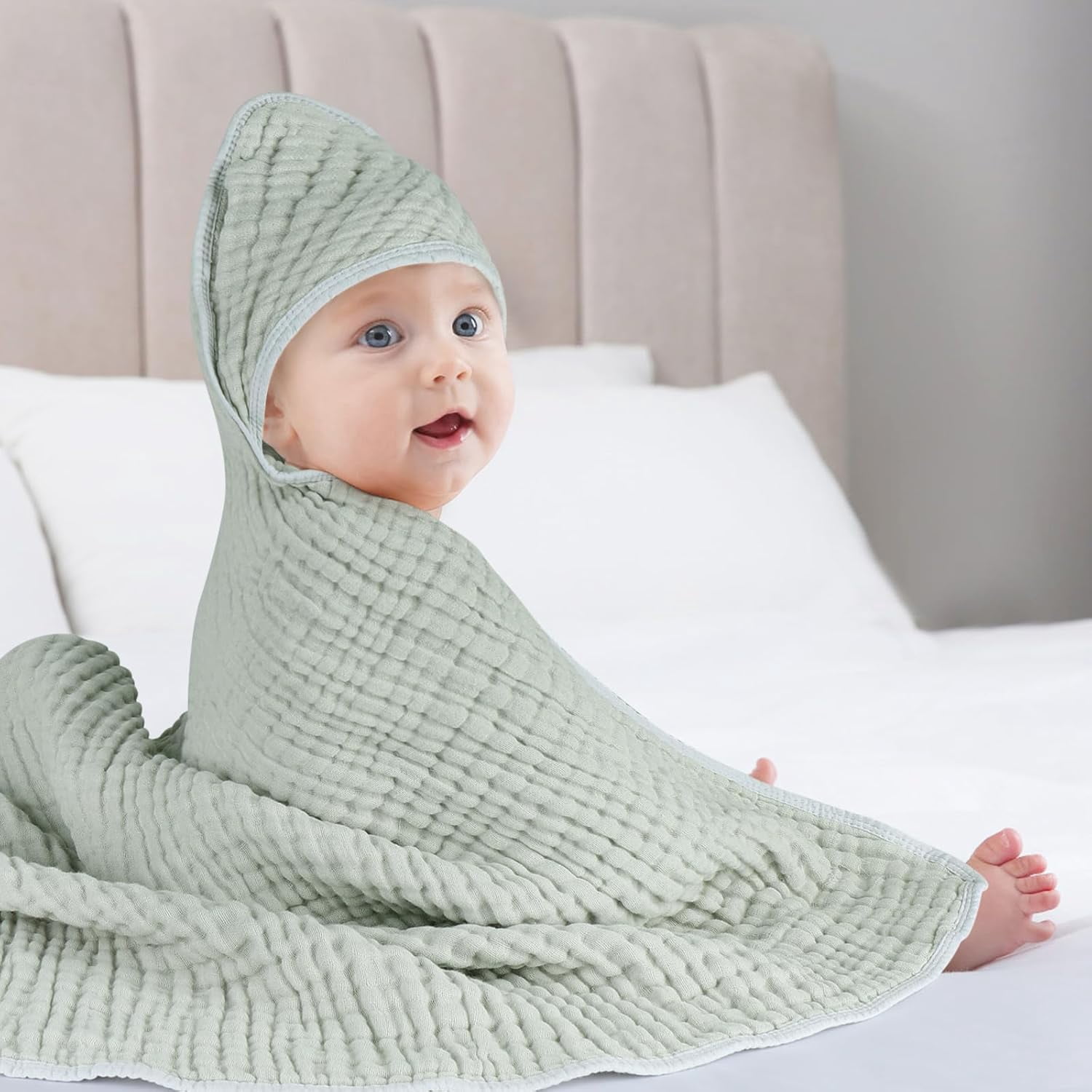 itvber Hooded Baby Towels for 1 Pack 100% Muslin Organic Cotton Baby Bath Towel with Hood 35 Inch for Babies Toddler Soft and Absorbent Boy and Girl Bath All Season