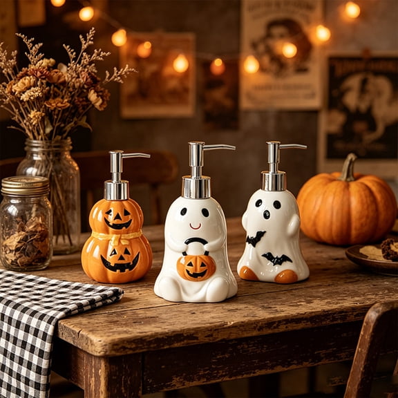 Halloween Ghost Pumpkin Ceramic Lotion Pump Bottle, Glossy White Orange Soap Dispenser, Spooky Bathroom Counter Decor for Holiday Party, Lazyguy
