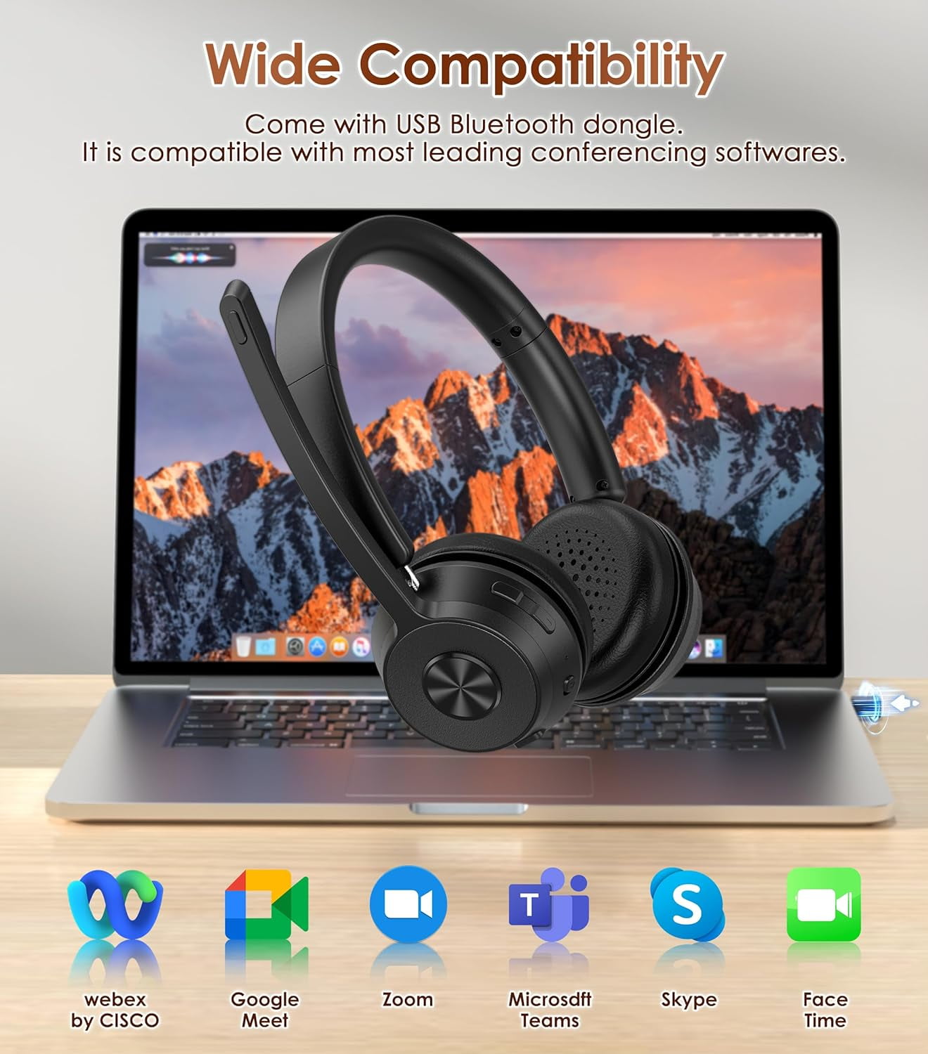 Bluetooth Headset V5.1, Wireless Headset with Noise Canceling Microphone,  40 Hrs Work Time Office Headset with Bluetooth Dongle & Charging Base, AptX 