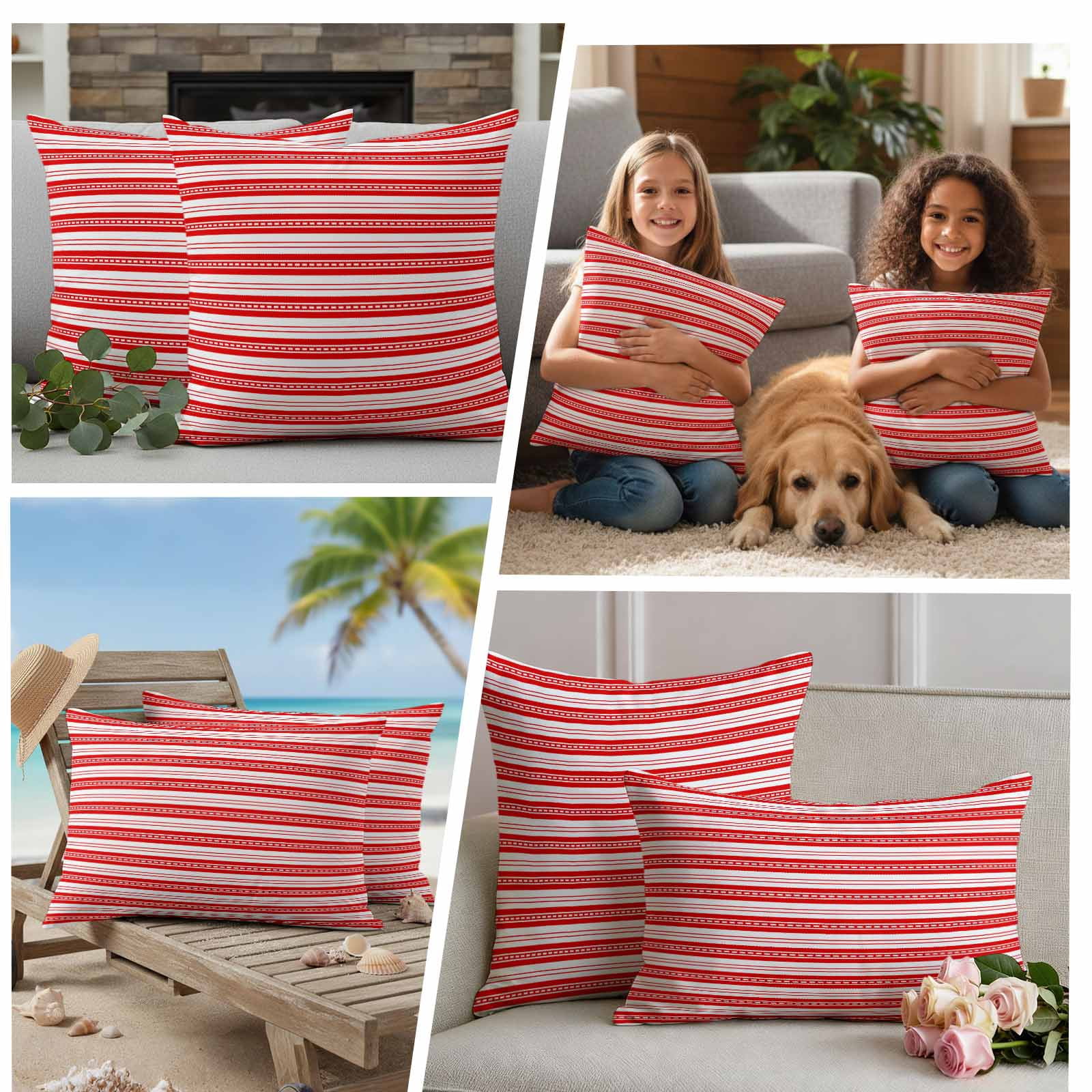 Boho Red Stripe Outdoor Waterproof Pillow Covers, Abstract Geometric White Minimalist Decorative Square Throw Pillowcase Sofa Cushion Sham for Patio/Couch/Chair, 20"x20" 2 Pack