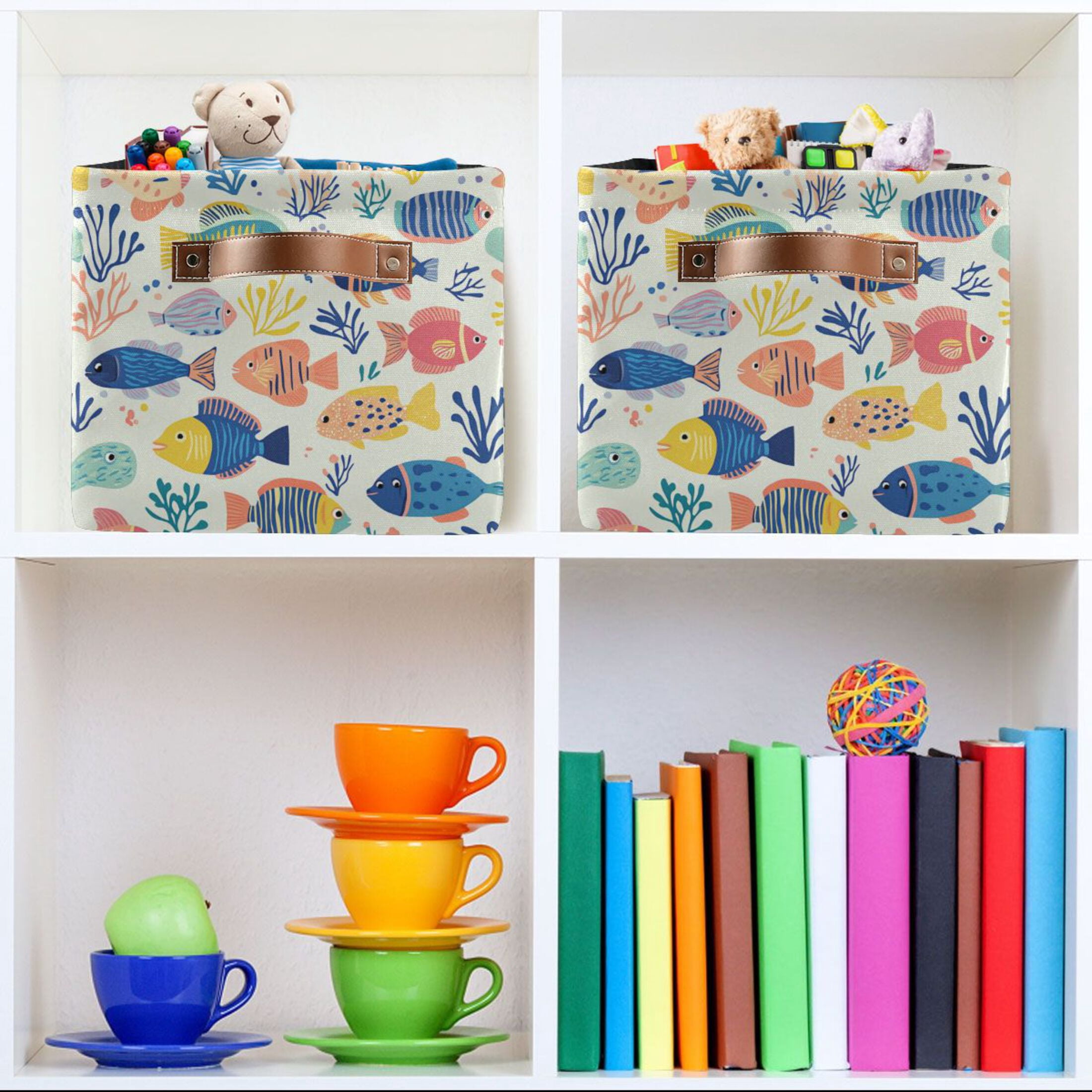 Vibrant Colorful Fish Pattern Foldable Storage Basket,Canvas Fabric Foldable Storage Bins with Handles Open Home Storage Bins Boxes for Toy Book Shelf Closet Baskets