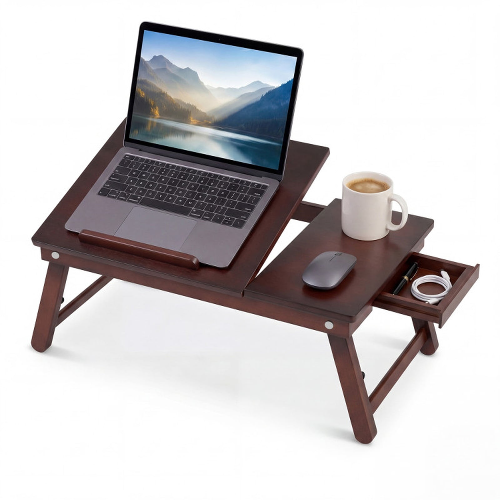 Furnibear Adjustable Bamboo Laptop Desk with Tilting Top Foldable Legs and Side Storage Drawer for Bed Sofa and Study, Brown