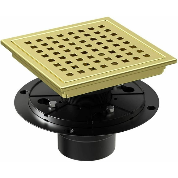 6-inch Square Shower Drain, Stainless Steel Kitchen Garage Bathroom Floor Drain with Flange, Brushed Gold Brass