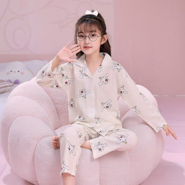 Pijama de Anime Sanrio Cinnamoroll Kuromi My Melody para niños, cárdigan informal de manga larga con cuello vuelto, ropa de dormir para niñas, primavera y verano