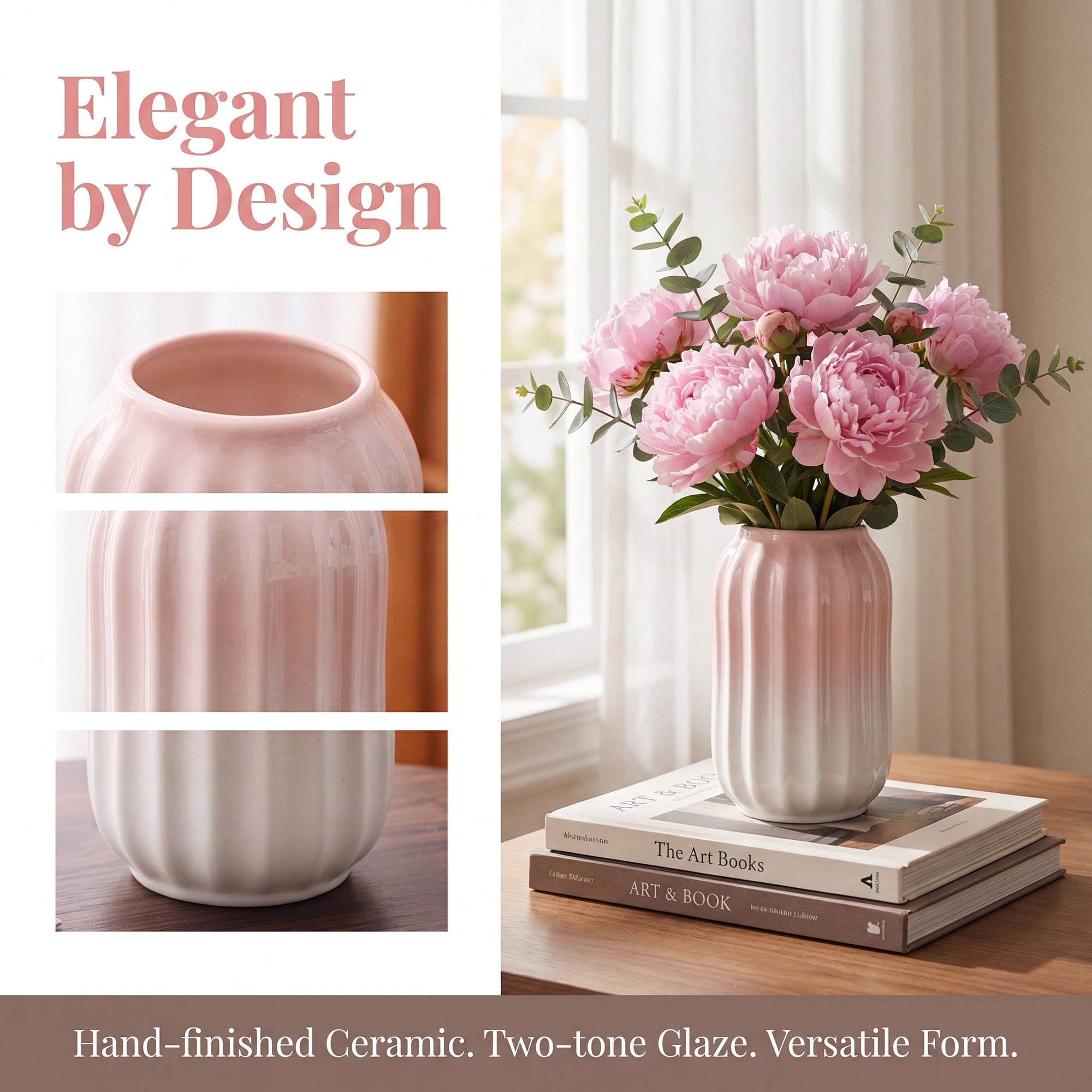 Unique Bargains Modern Ceramic Flower Matte Ribbed Vase Pink 3.5" x 3.5" x 5.9"