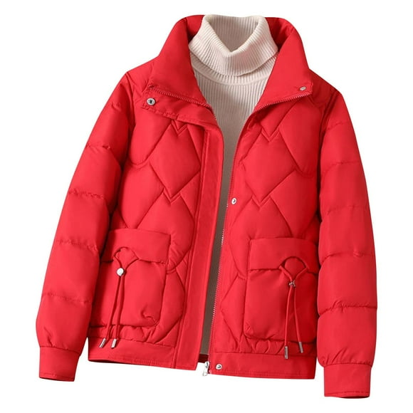NTACZA Zip up Coats for Women Red Windbreaker Puffer Coats Stand Collar Padded Solid Jackets Jacket for Women L