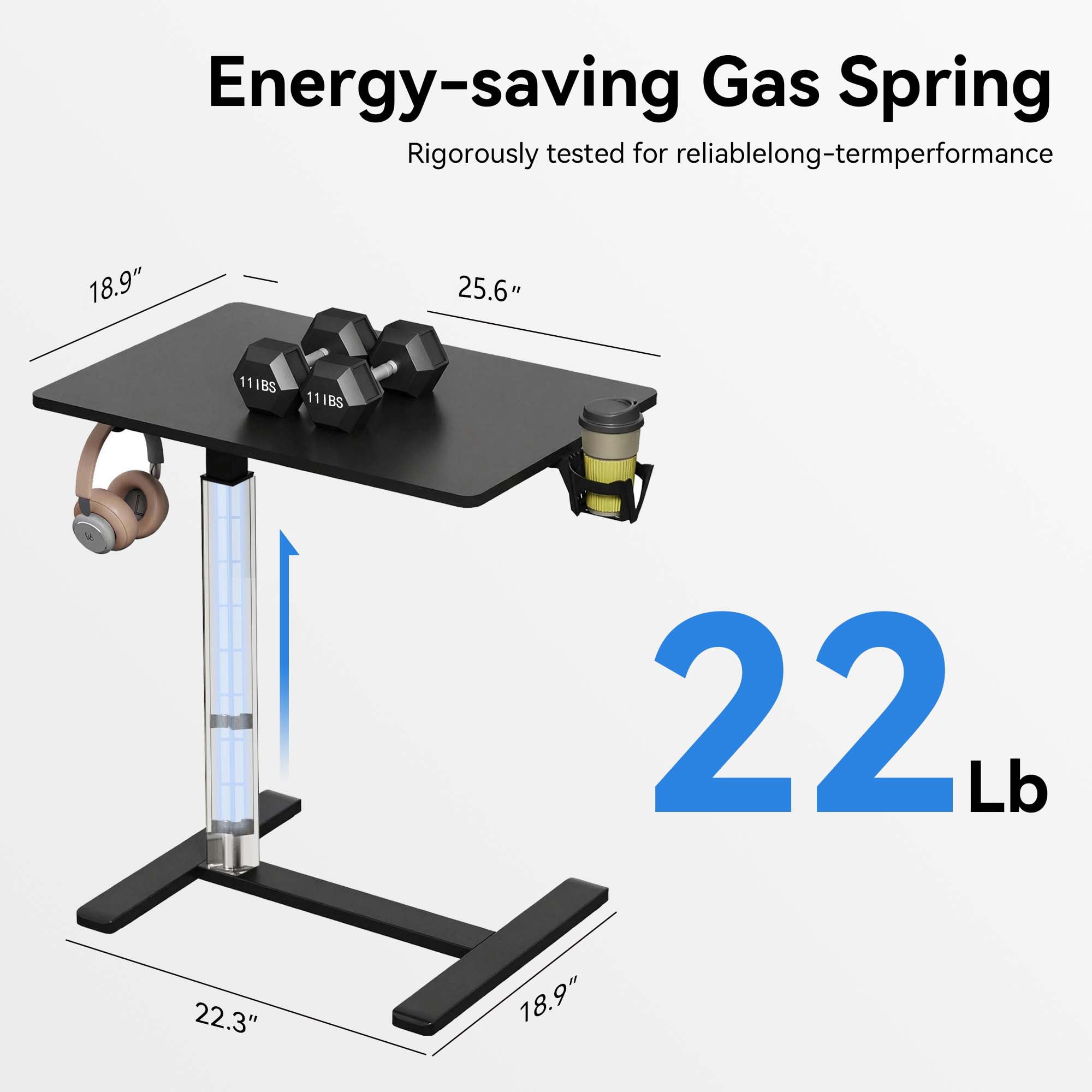 Gas Spring Height Adjustable Mobile Laptop Side Desk 26×19 Inch, Sit-Stand Rolling Table with Cup Holder & Headphone Hook for Bed Sofa Home Office