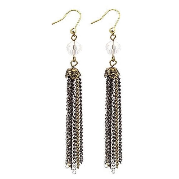 Mixed Metal Chain Tassel Dangle Earrings with Crystal Accent Jewelry Earring Gold Metal