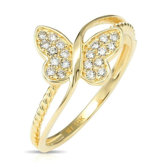 Tilo Jewelry 14K Yellow Gold .18 Carat Diamond Butterfly Statement Engagement Wedding Ring with Twist Rope Band | Size 5 | Dainty Butterfly Diamond Ring for Women & Girls