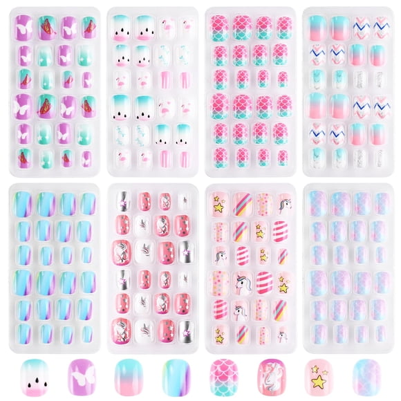 Jsiallye Uñas a presión para niños, 192 piezas, uñas a presión para niñas, patrones de unicornios coloridos, uñas postizas para niños, uñas postizas cuadradas cortas y fuertes, regalos para manicura d