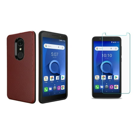 Red Hour Glass HR Textured Lines Hybrid Case (Red) with Bubble-Free Tempered Glass Screen Protector and Atom Cloth for Alcatel TCL LX ()