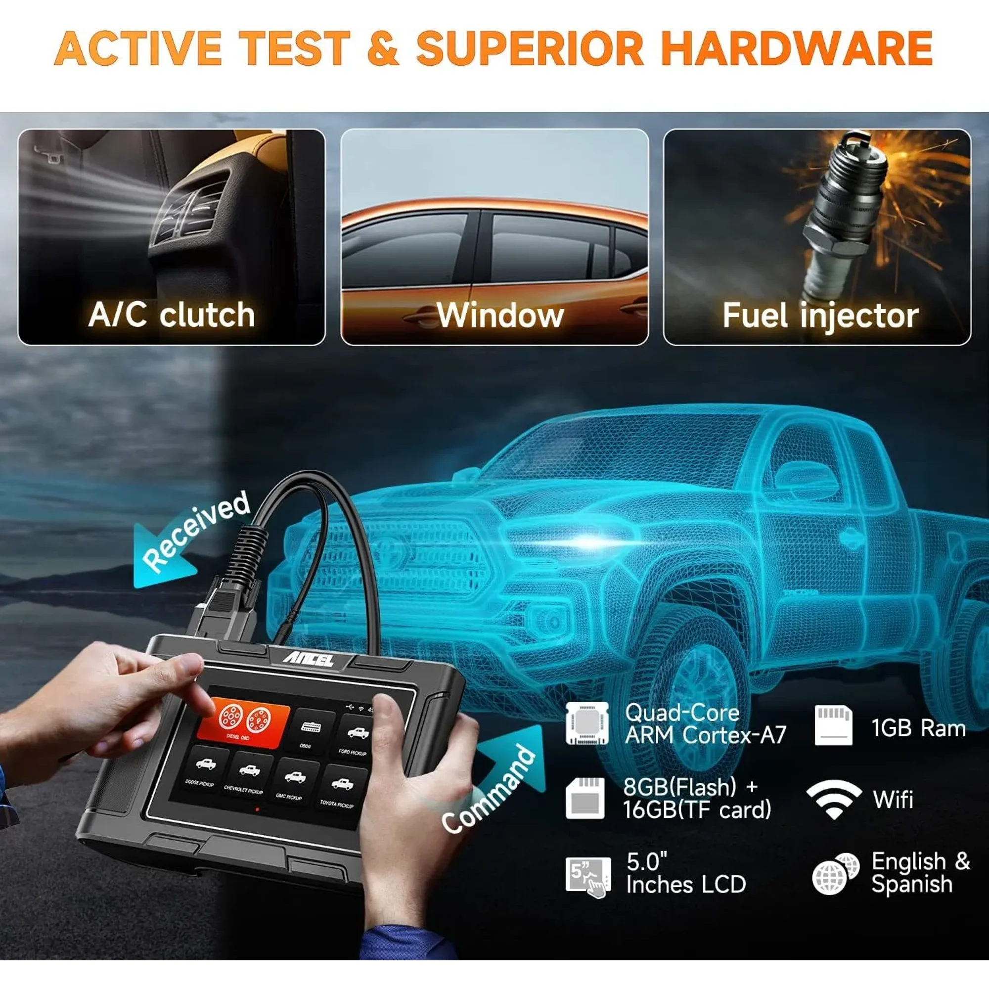 ANCEL HD3500 Pickup Truck OBD2 Scanner, All Systems Diesel Diagnostic Tool with Bidirectional & Service Reset & D-P-F Regen, 2-IN-1 Car Code Reader for Ford/Dodge/Chevy/GMC/Toyota/Honda/Nissan/Isuzu