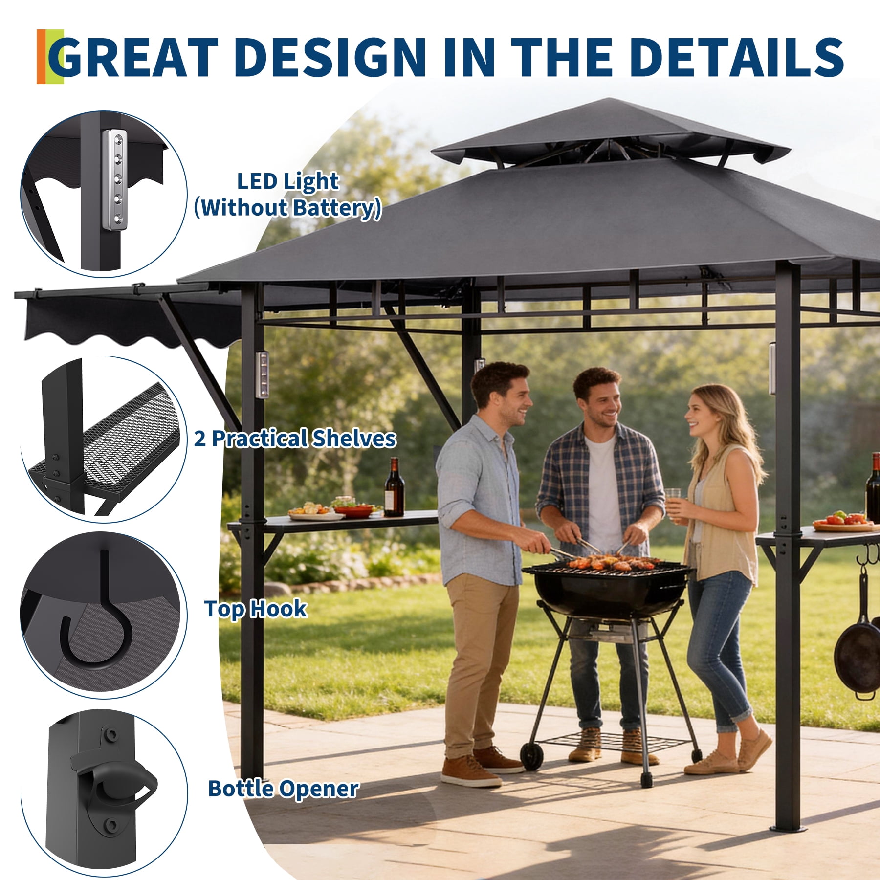 SOLLED Grill Gazebo with Canopy, 10x10 FT Outdoor BBQ Shelter with Mosquito Netting, Patio Canopy for Backyard Garden Cooking,Gray