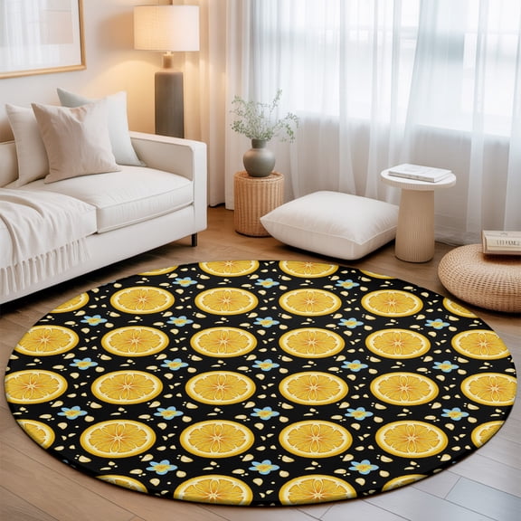 Yellow Lemon Rounds Washable Round Area Rug 3 ft, Summer Fruit Rustic Floral Black Soft Non Slip Rugs Stain Repellent Indoor Felt Carpet for Living Dining Room Bedroom Home Office