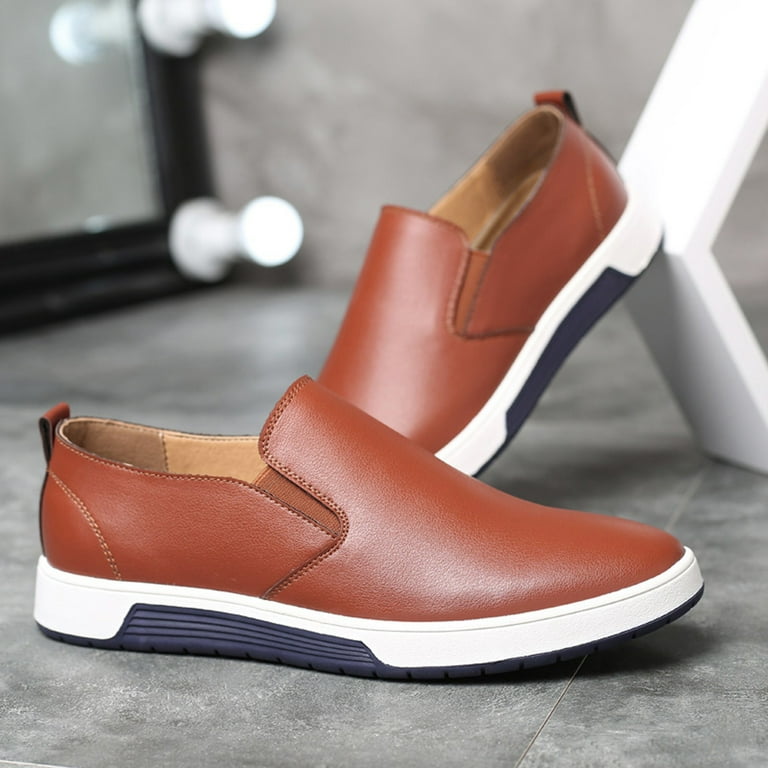 Men genuine leather stitching slip on deals metal decoration non slip casual shoes