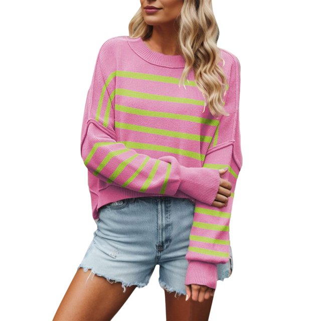 Gibobby Suéter casual mujer, Suéter de gran tamaño con cuello redondo para mujer, manga larga, abombada, con manga larga(Rosa,G)