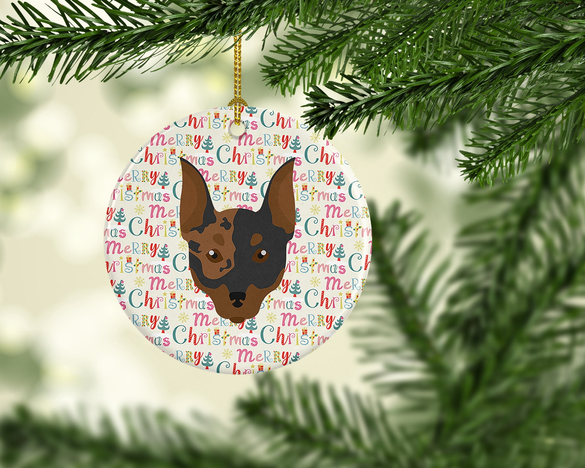 Harlequin Pinscher Merry Christmas Ceramic Ornament 2.8 in x 2.8 in