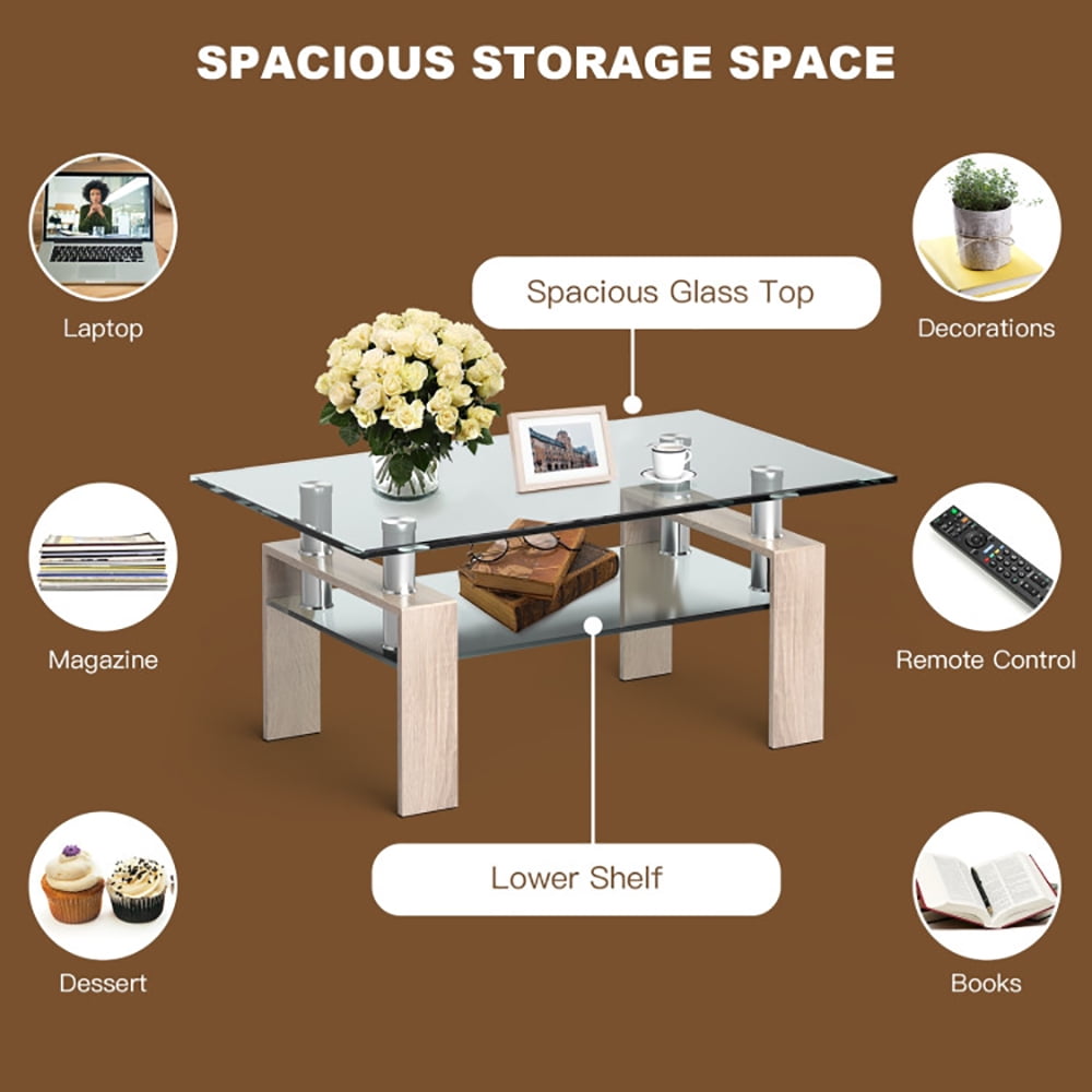 Finihen Glass Coffee Table, Rectangular Coffee Table, Rectangle Glass Coffee Table with Metal Legs, for Living Room, Reception Room, Natural Finihen Glass Coffee Table, Rectangular Coffee Table, Rectangle Glass Coffee Table with Metal Legs, for Living Room, Reception Room, Natural