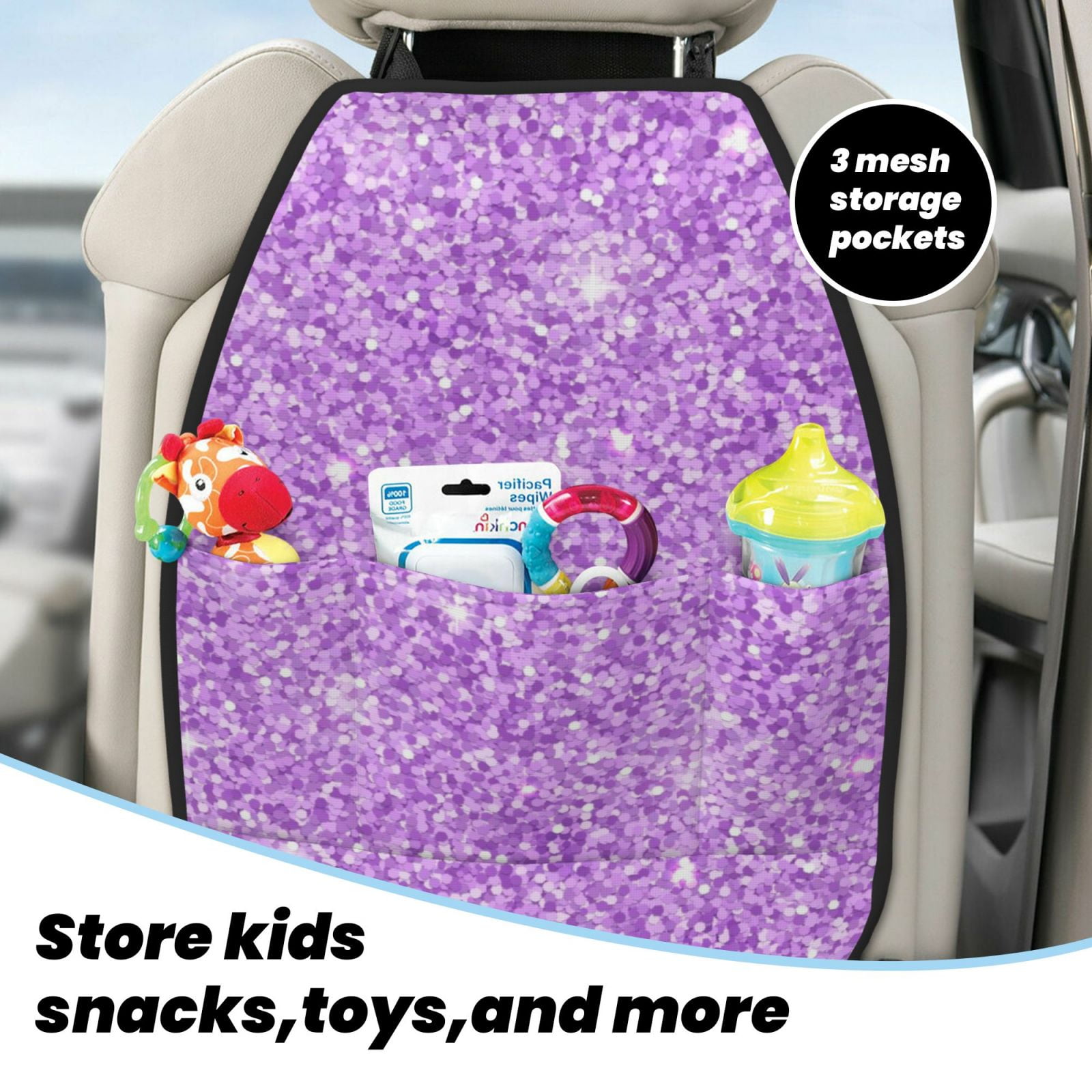 Xecao Lilac Glittering Pattern Car Seat Back Protector 2 Pack Large Capacity Pocket, Kick Mats Back Seat Protector