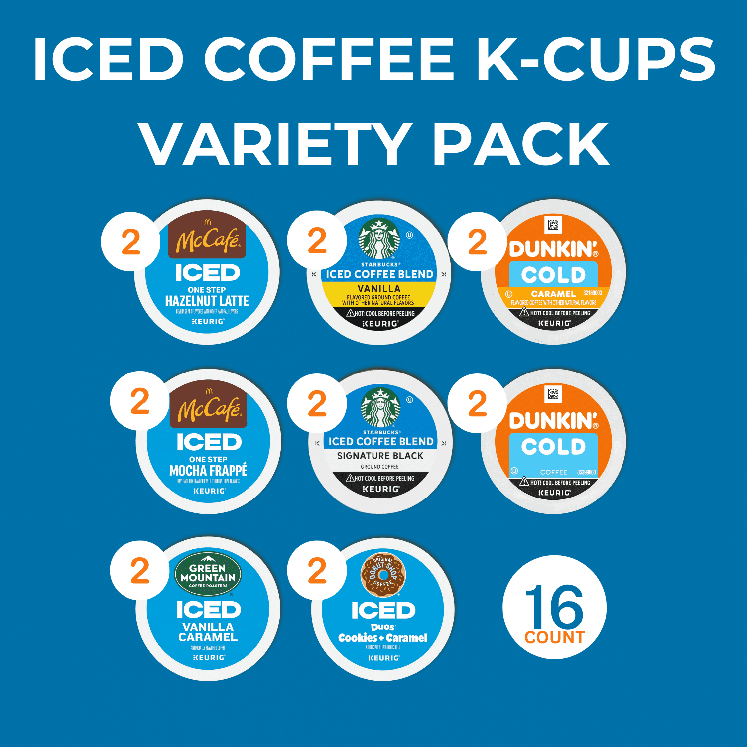 16pc-8 Flavor Cold Iced Coffee K Pods Variety Pack –Dunkin, Starbucks, Green Mountain, Mccafe, Donut Shop Ice Pods in Gift Box - Vanilla, Mocha, Hazelnut, Caramel- Keurig Compatible Coffee Pods