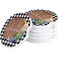 thumbnail image 1 of FMSHPON Spring Flowers and Kettle Wooden Grain Black Plaid Set of 2 Car Coaster for Drinks, Absorbent Ceramic Stone Coasters Cup Mat with Cork Base for Home Kitchen Room Coffee Table Bar Decor, 1 of 5