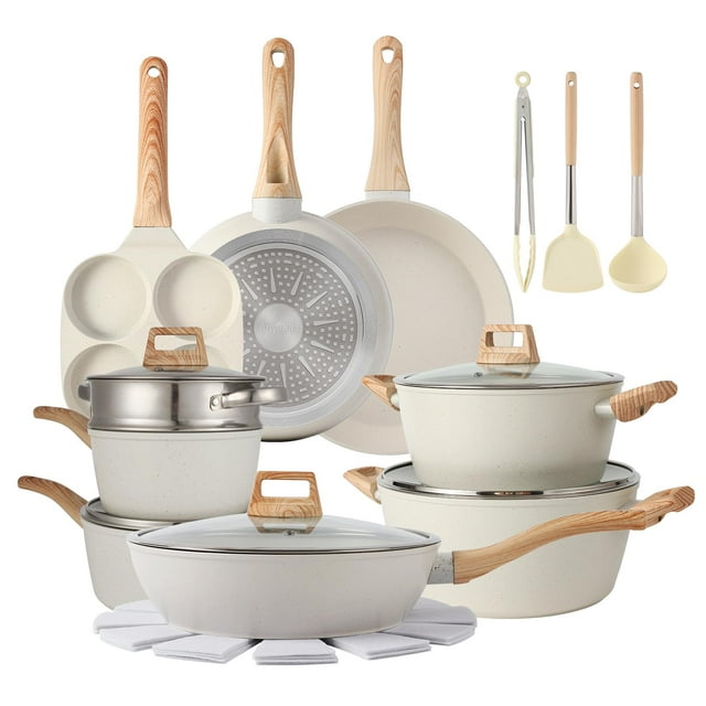 Juego de ollas y sartenes de 21 piezas, juego de utensilios de cocina antiadherentes con juego de cocina (blanco, 21 piezas)