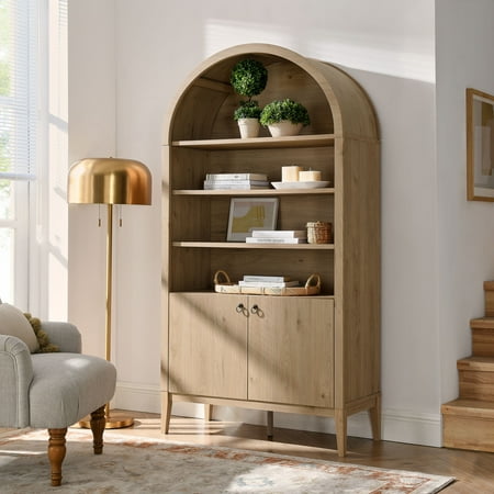 Modway Nolan 74 Tall Arched Storage Display Cabinet Bookshelf in Light Oak